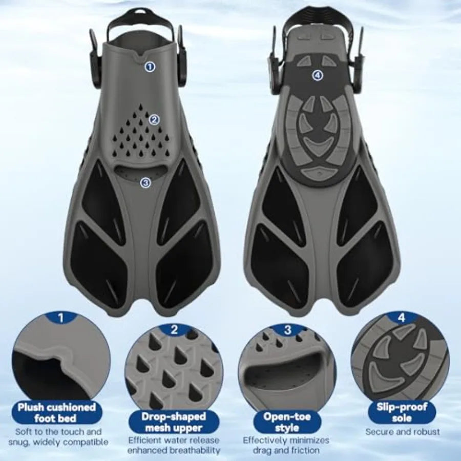 Travel Snorkel Fins Open Heel Short Adjustable Flippers For Adults